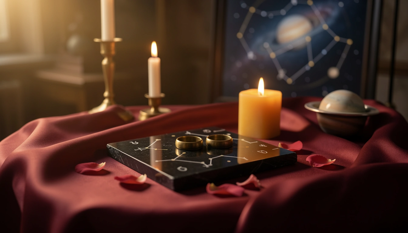 Two brass rings on dark polished stone beside a lit candle on burgundy silk