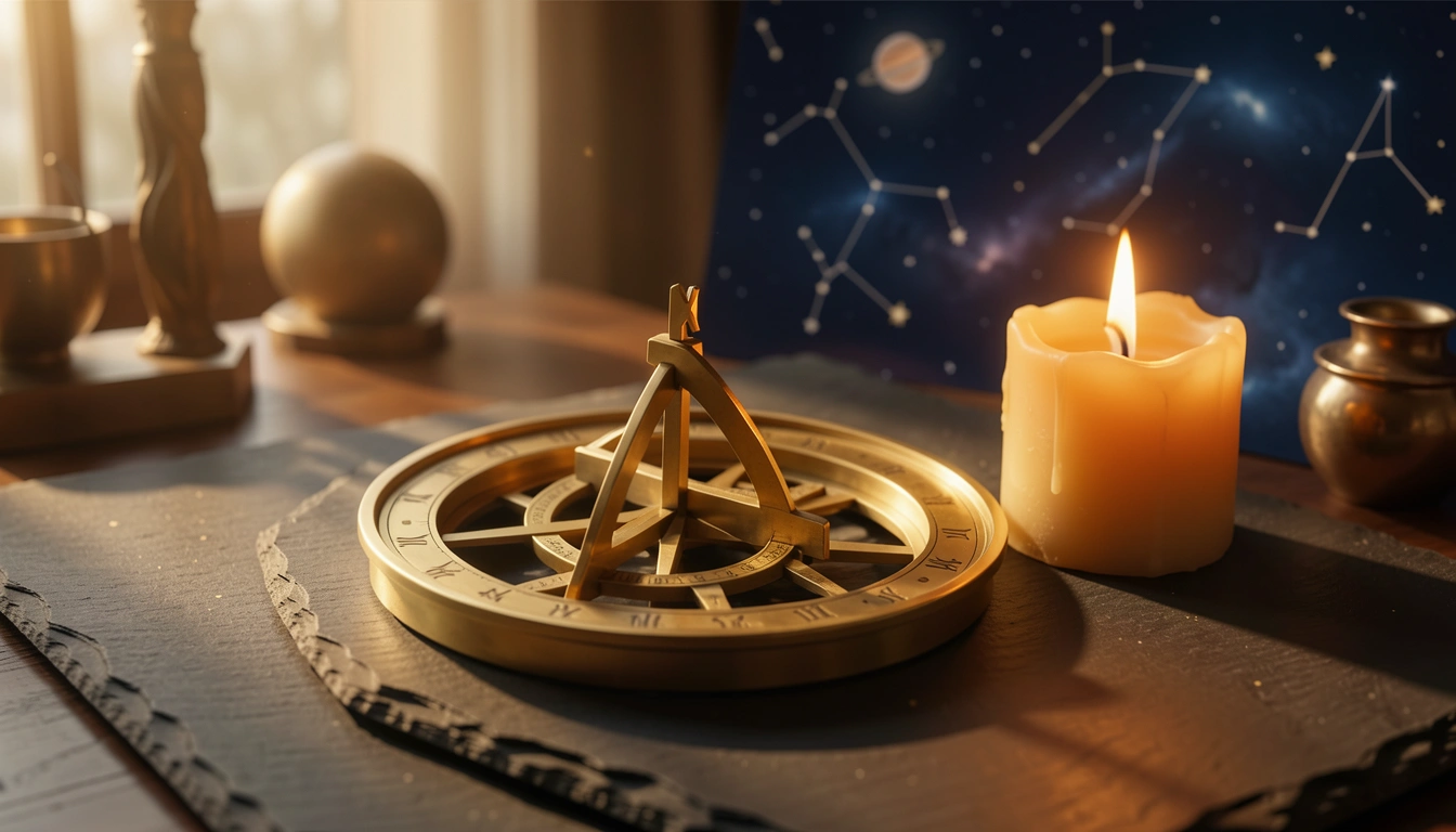 Brass astrolabe and candlelight on dark stone surface