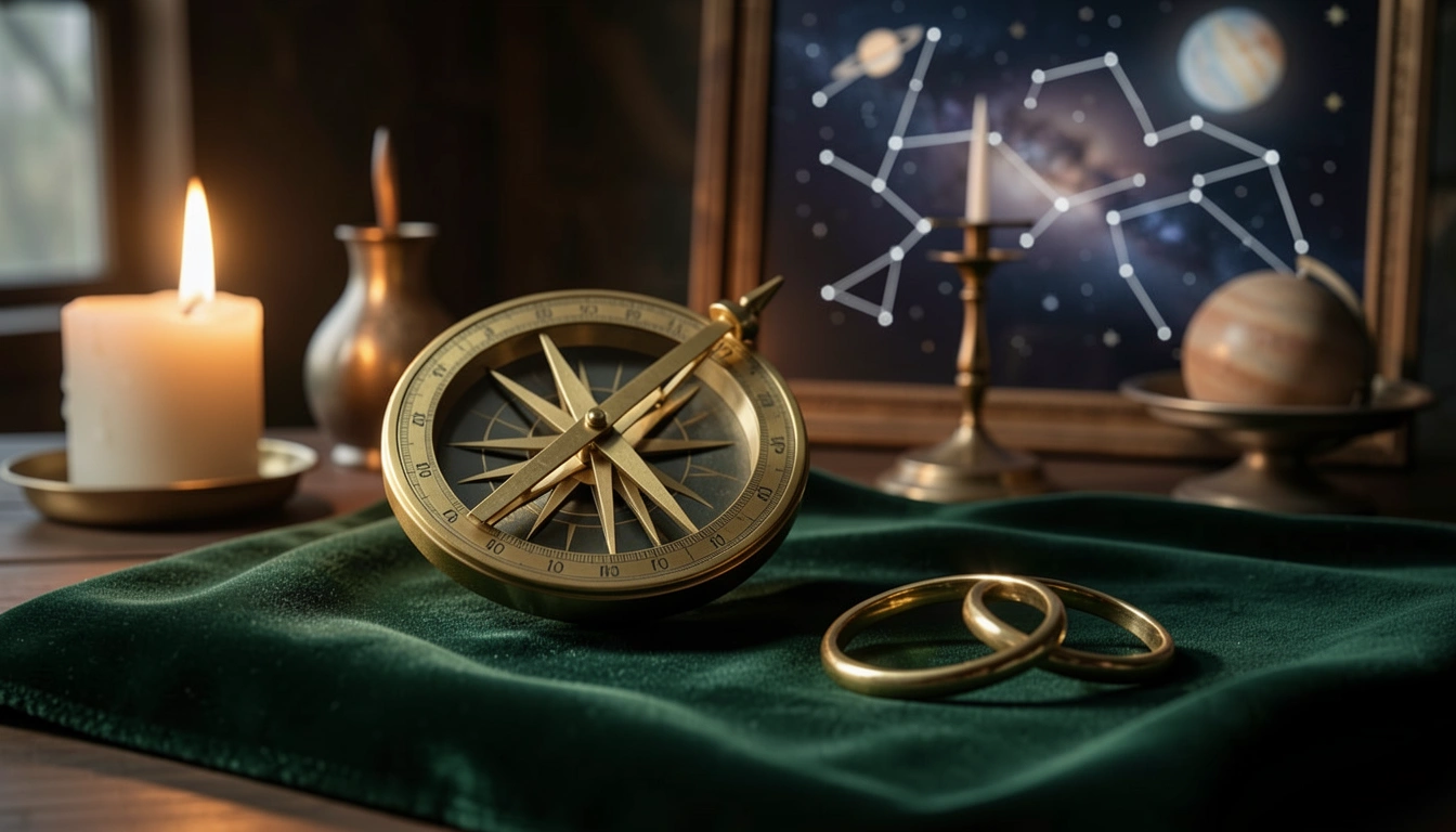 Brass astrolabe and interlocking gold rings on velvet under candlelight