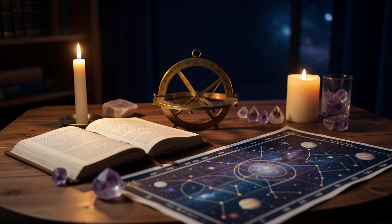 Brass astrolabe and open journal on a candlelit desk beneath a star chart