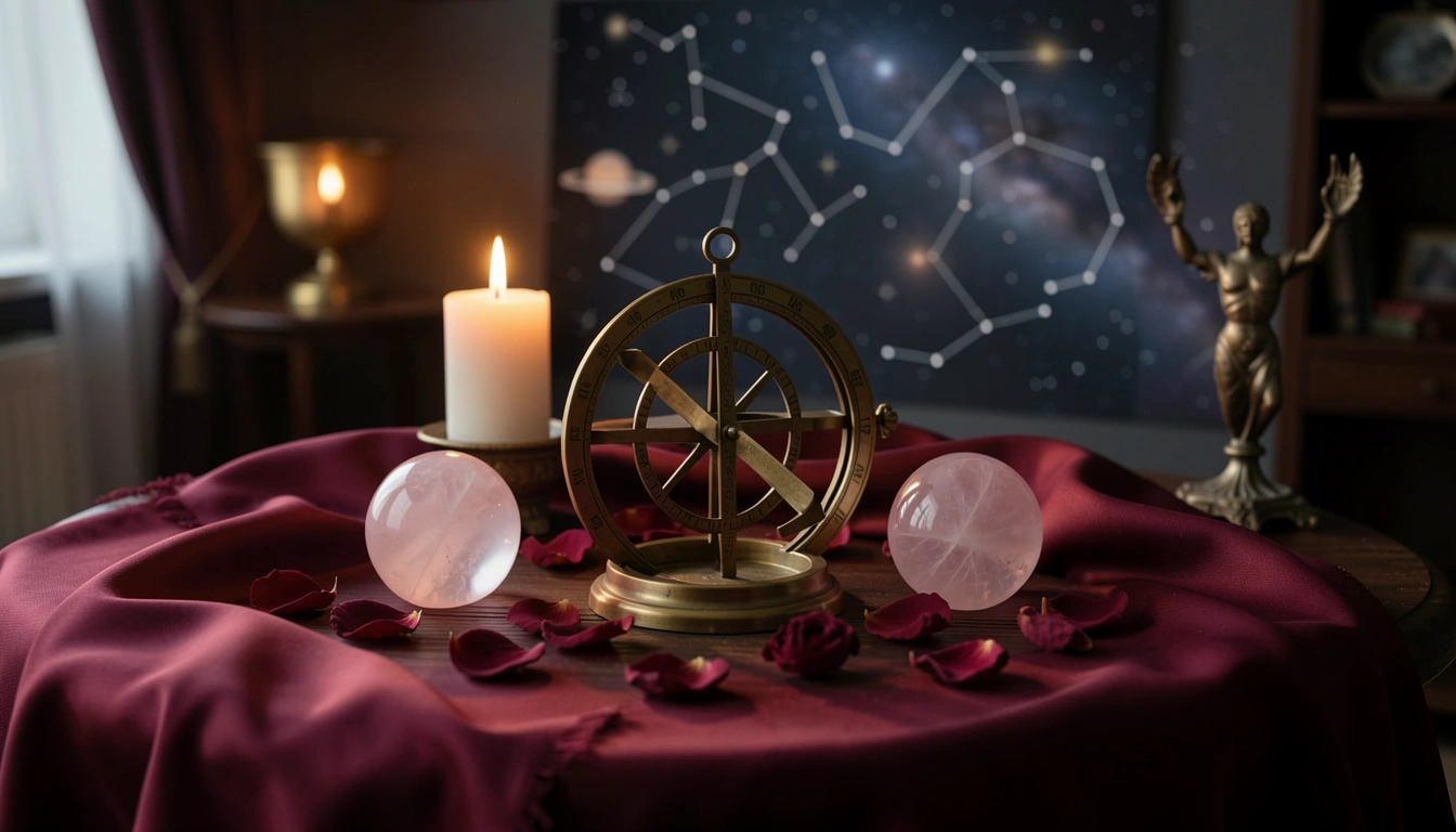 Rose quartz spheres and brass astrolabe on a candlelit silk-draped table