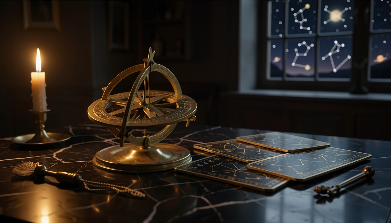 Brass astrolabe and engraved number tablets on dark marble under candlelight