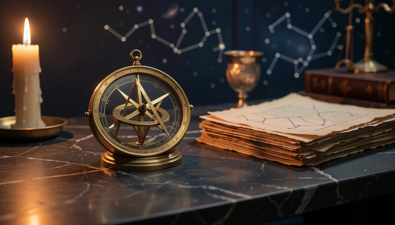 Brass astrolabe and parchment on stone under candlelight