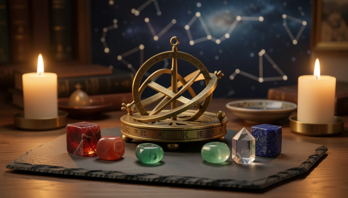 Brass astrolabe beside four polished elemental stones on dark slate in candlelight