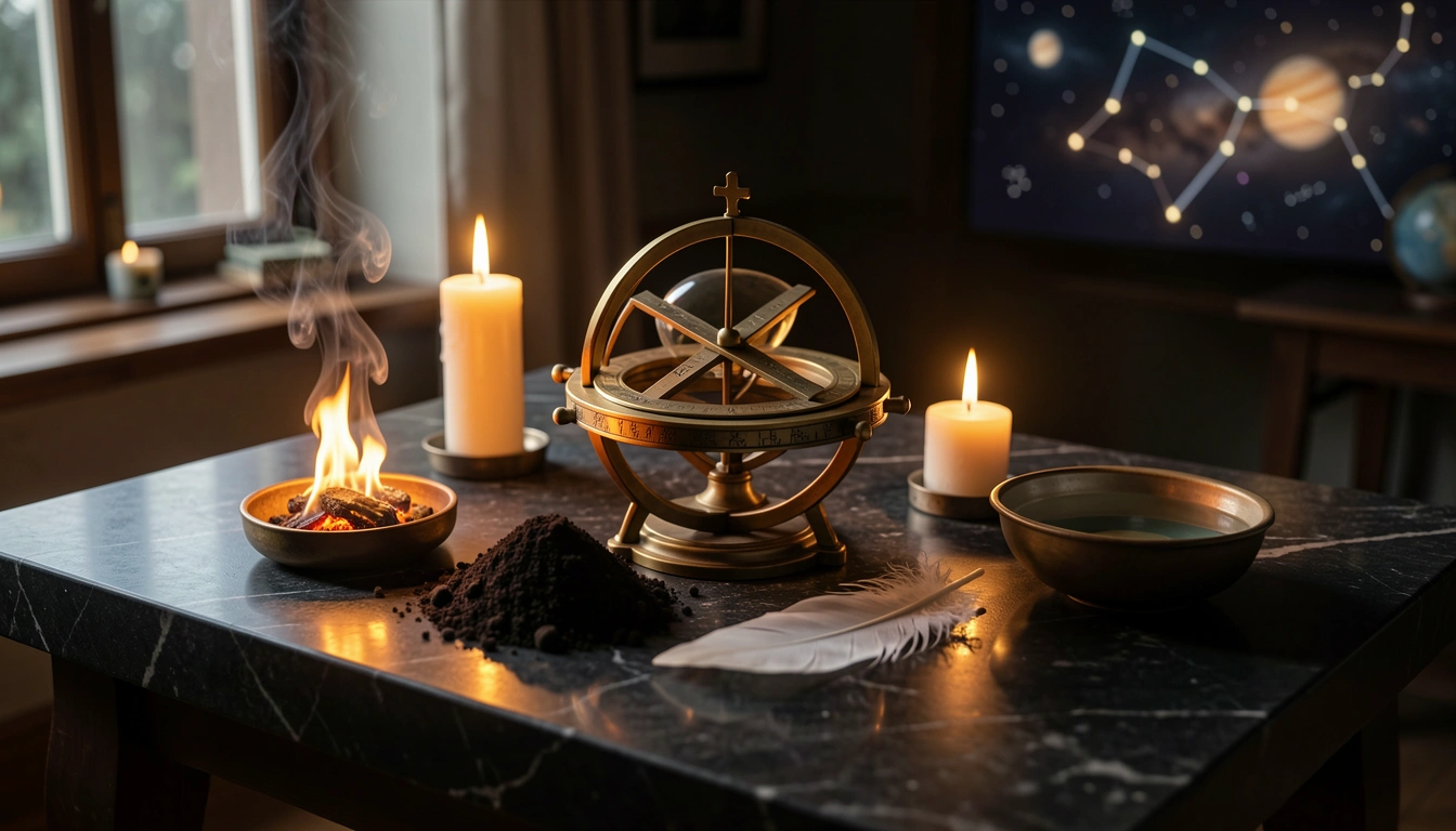 Brass astrolabe and four elemental vessels arranged on a candlelit stone table