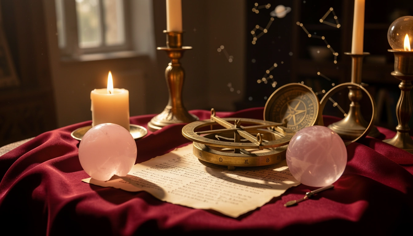 Candlelit table with rose quartz spheres, brass astrolabe and crimson silk