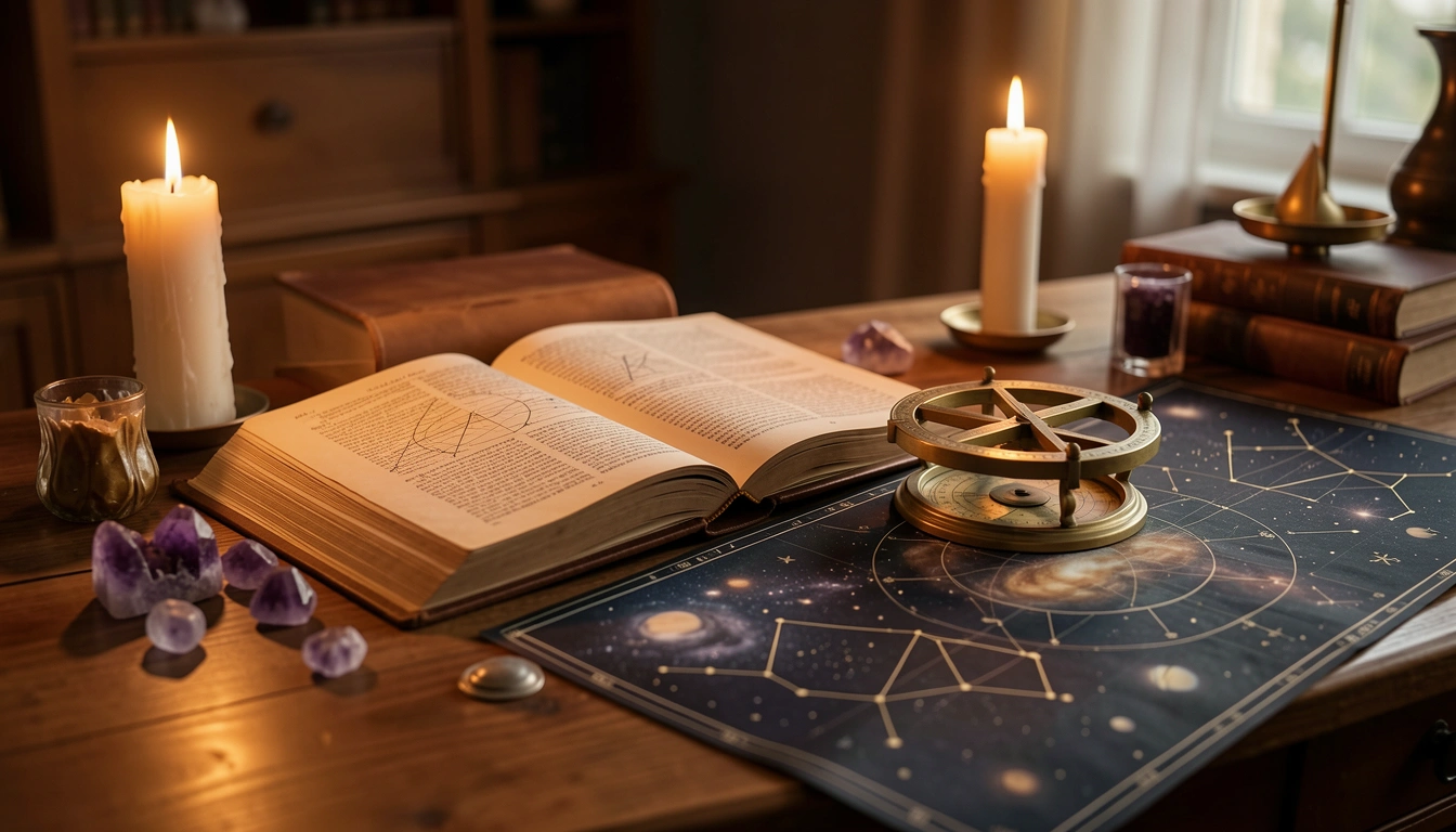 Brass astrolabe and astrological manuscript on a candlelit desk