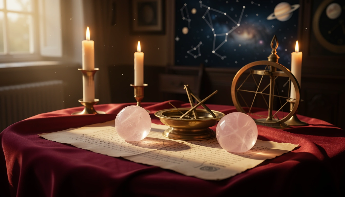 Rose quartz spheres and brass astrolabe on crimson silk under candlelight
