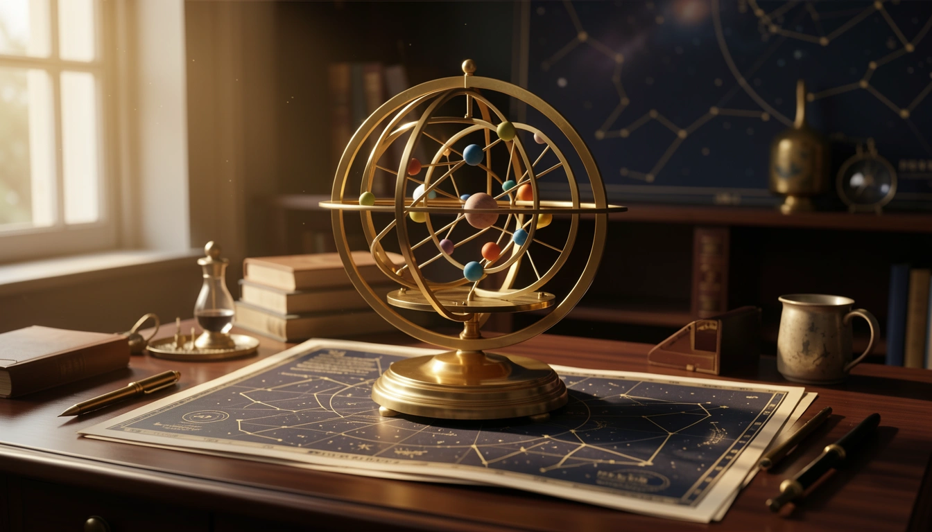 Brass orrery with planetary spheres casting warm shadows over an open star chart