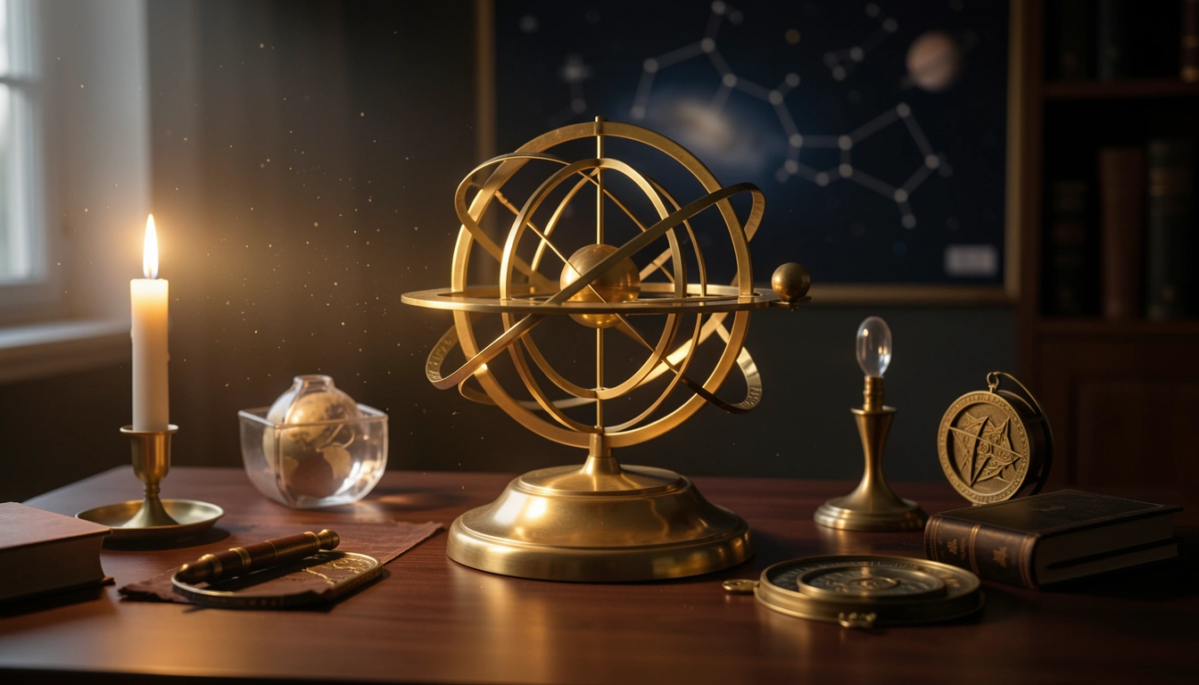 Brass orrery illuminated by candlelight with a single planet catching the light