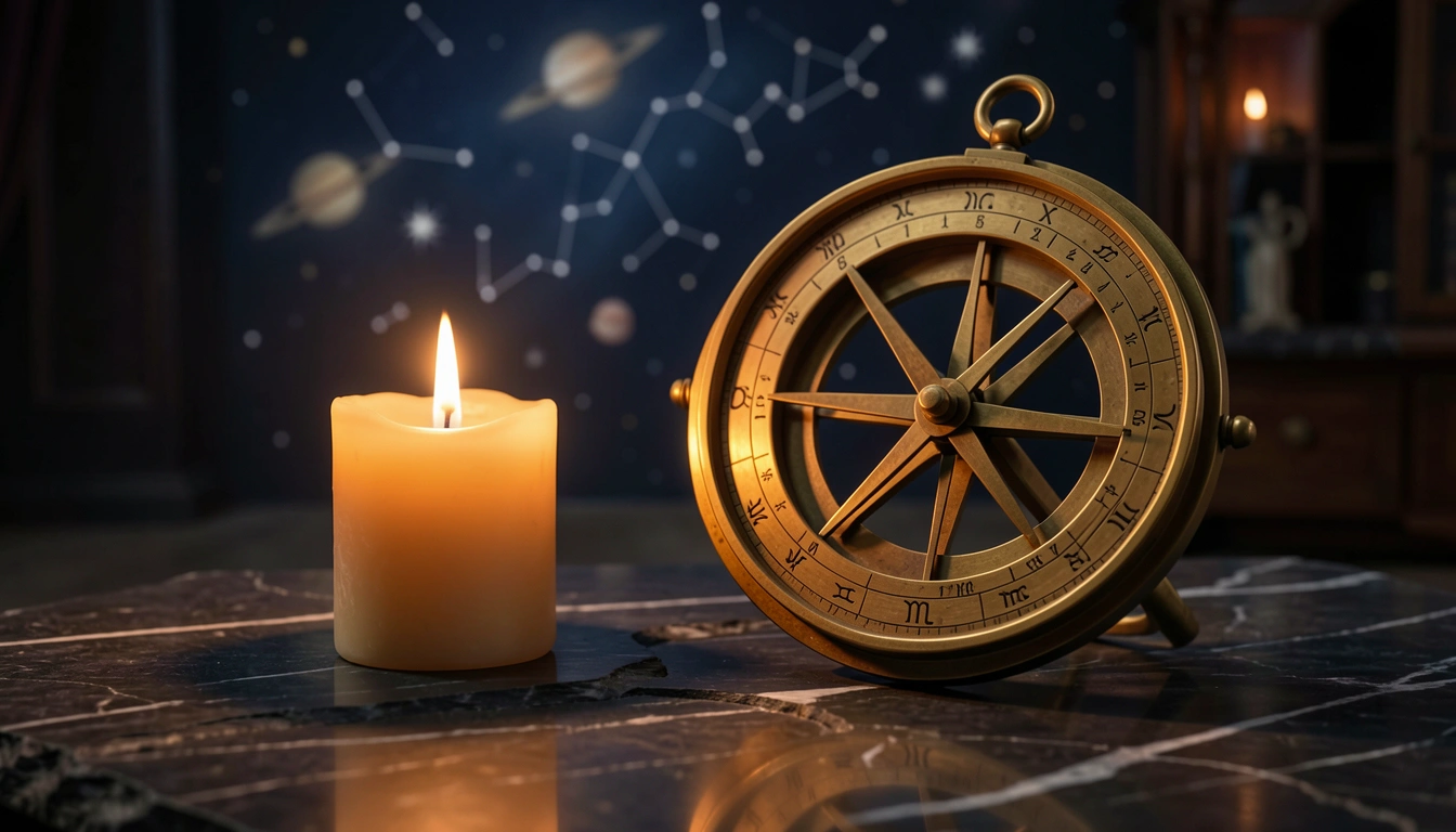 Brass astrolabe and candle on dark stone surface