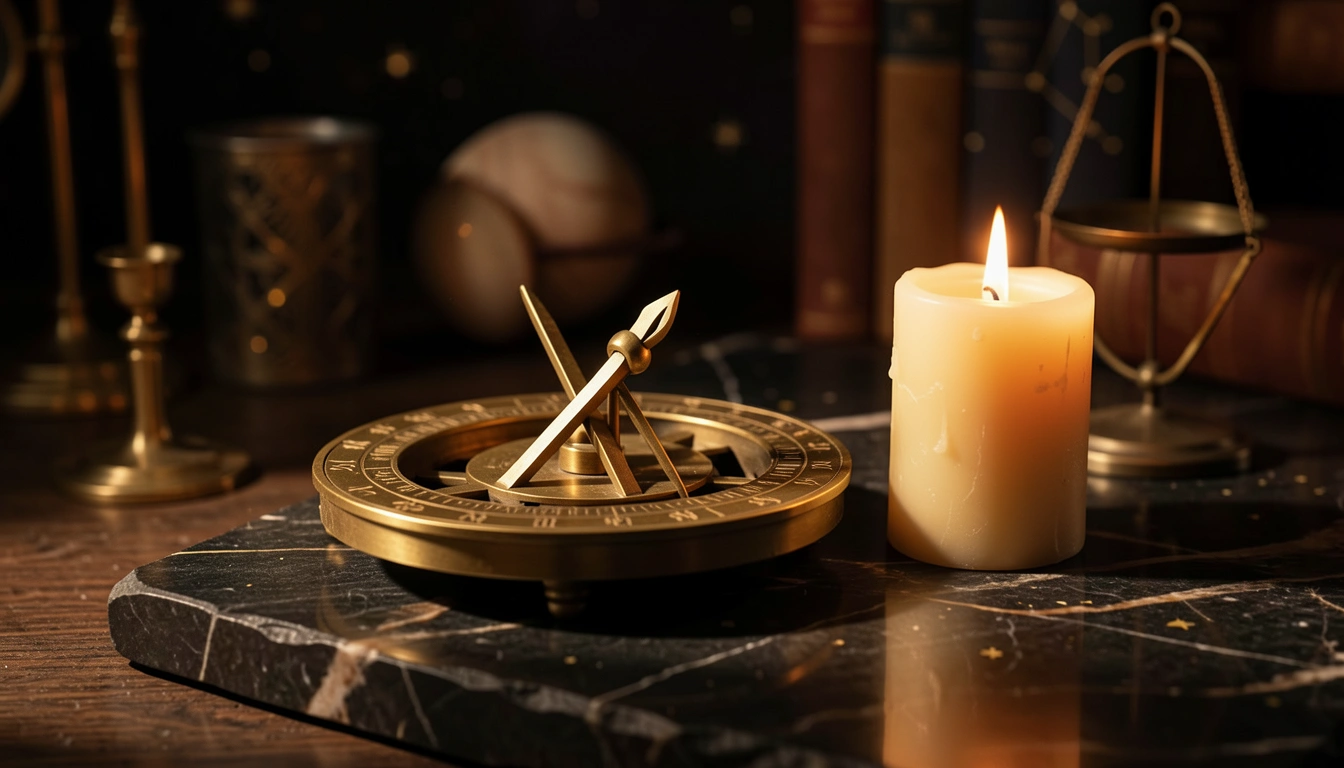 Brass astrolabe and candlelight on dark stone surface