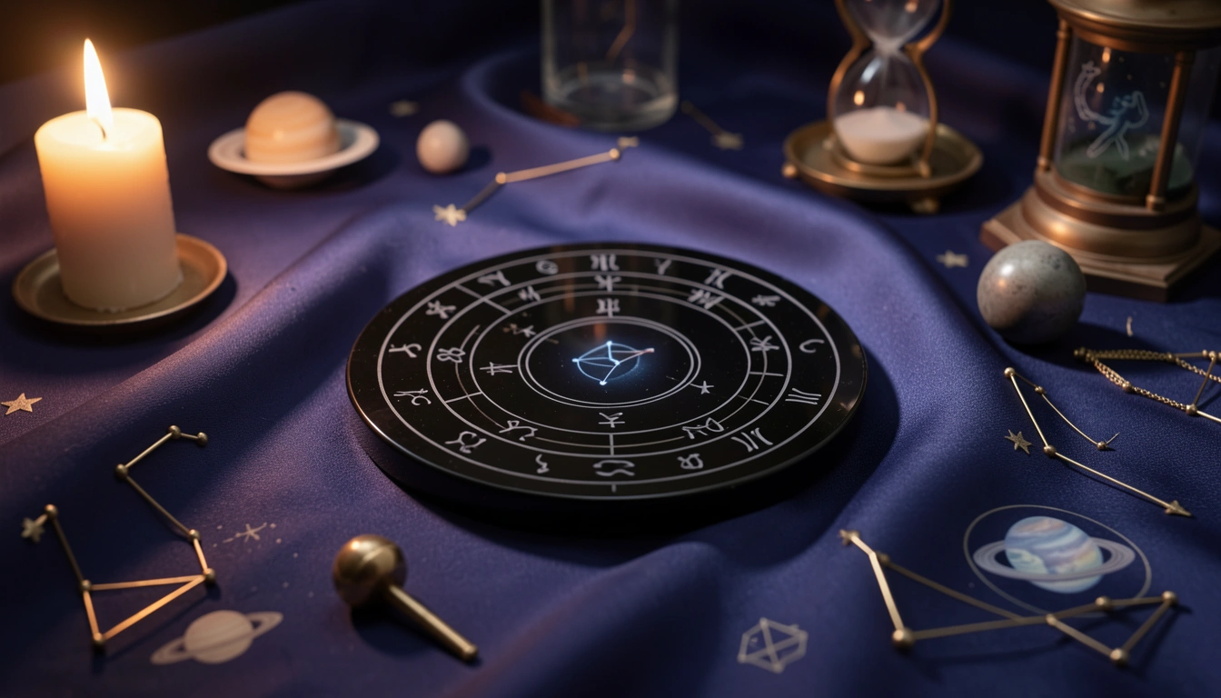 Obsidian zodiac disc on indigo silk under candlelight