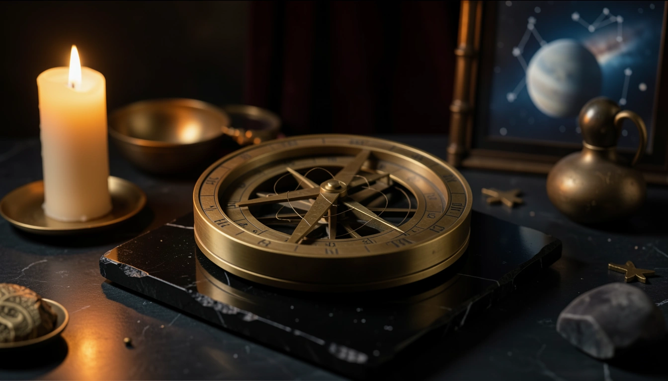 Brass astrolabe with engraved lunar node spiral on dark stone under candlelight