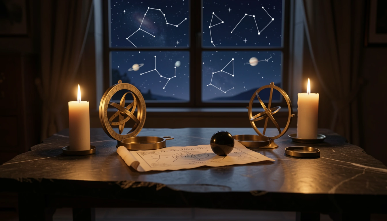 Brass astronomical rings and parchment on a candlelit stone table beneath a night sky