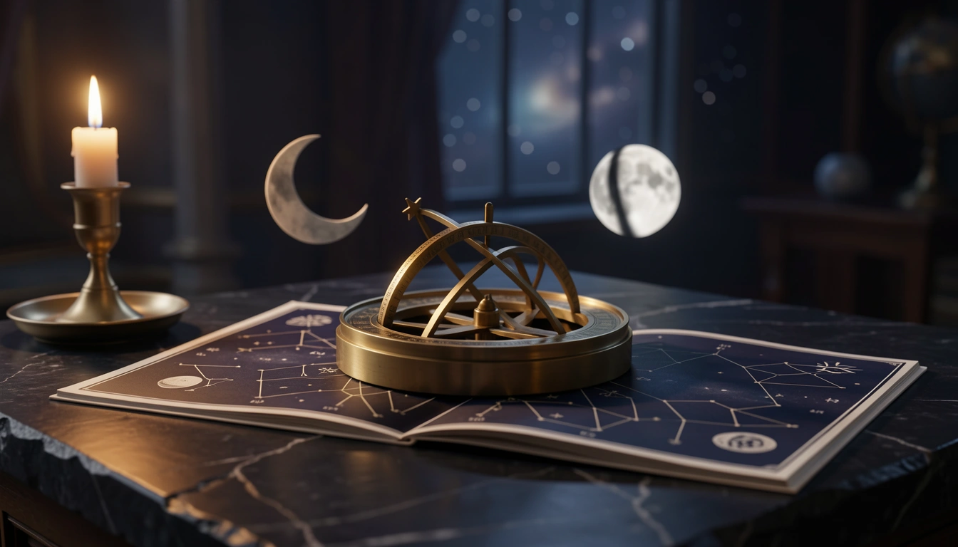 Brass astrolabe and star chart beside a shadowed lunar disc under candlelight