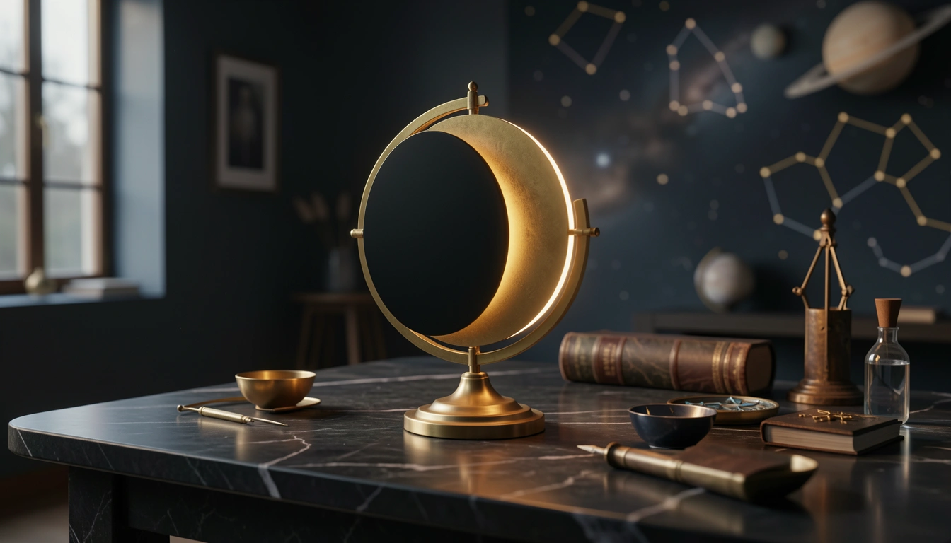 Brass eclipse model with a partially obscured golden sun disc on dark stone
