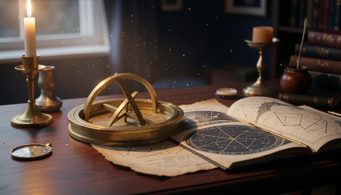 Brass astrolabe and ephemeris on a candlelit desk