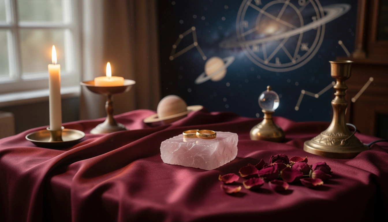 Two gold rings on rose quartz beside candlelight on burgundy silk