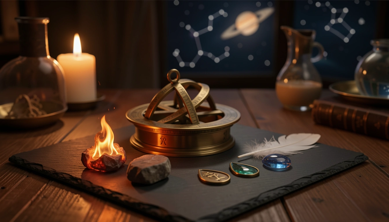Brass astrolabe with fire, earth, air, and water tokens on dark slate in candlelight