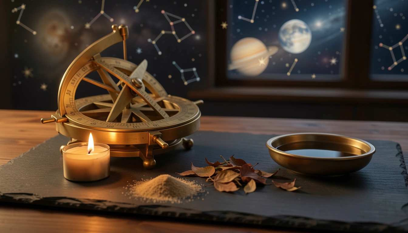Brass astrolabe beside candle, sand, leaves, and water representing the four elements