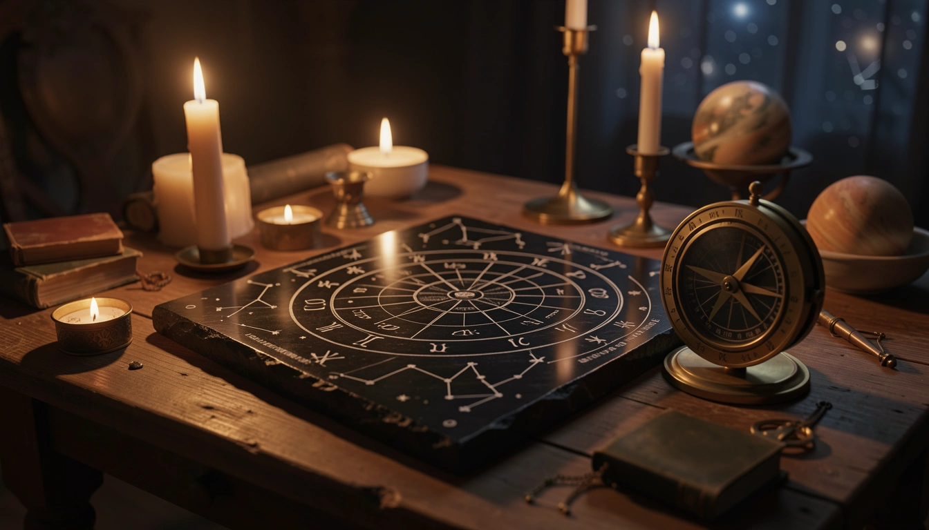 Brass astronomical dial beside an engraved zodiac wheel on dark polished stone
