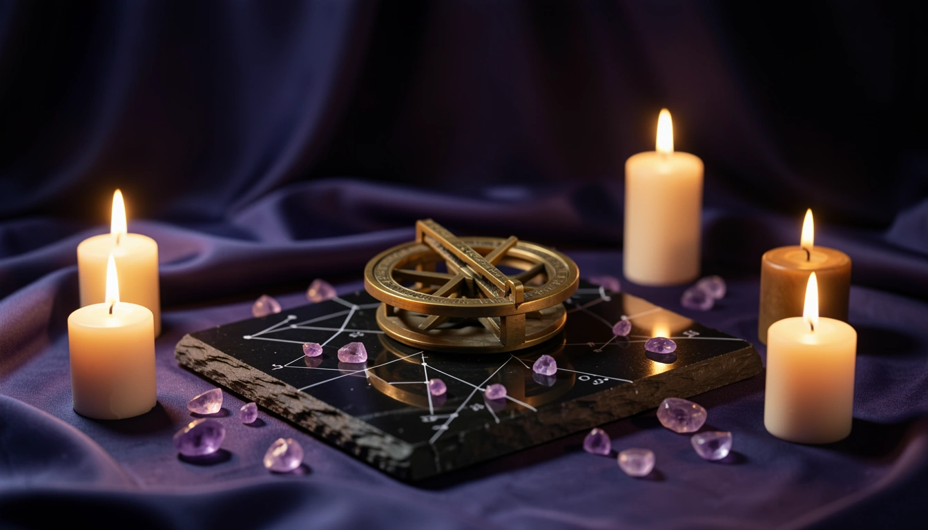 Fractured brass astrolabe and amethyst shards on a candlelit obsidian slab