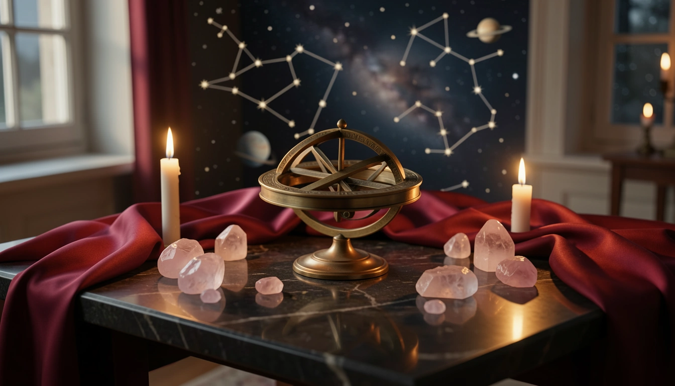 Brass astrolabe and rose quartz crystals on a candlelit stone table with crimson silk