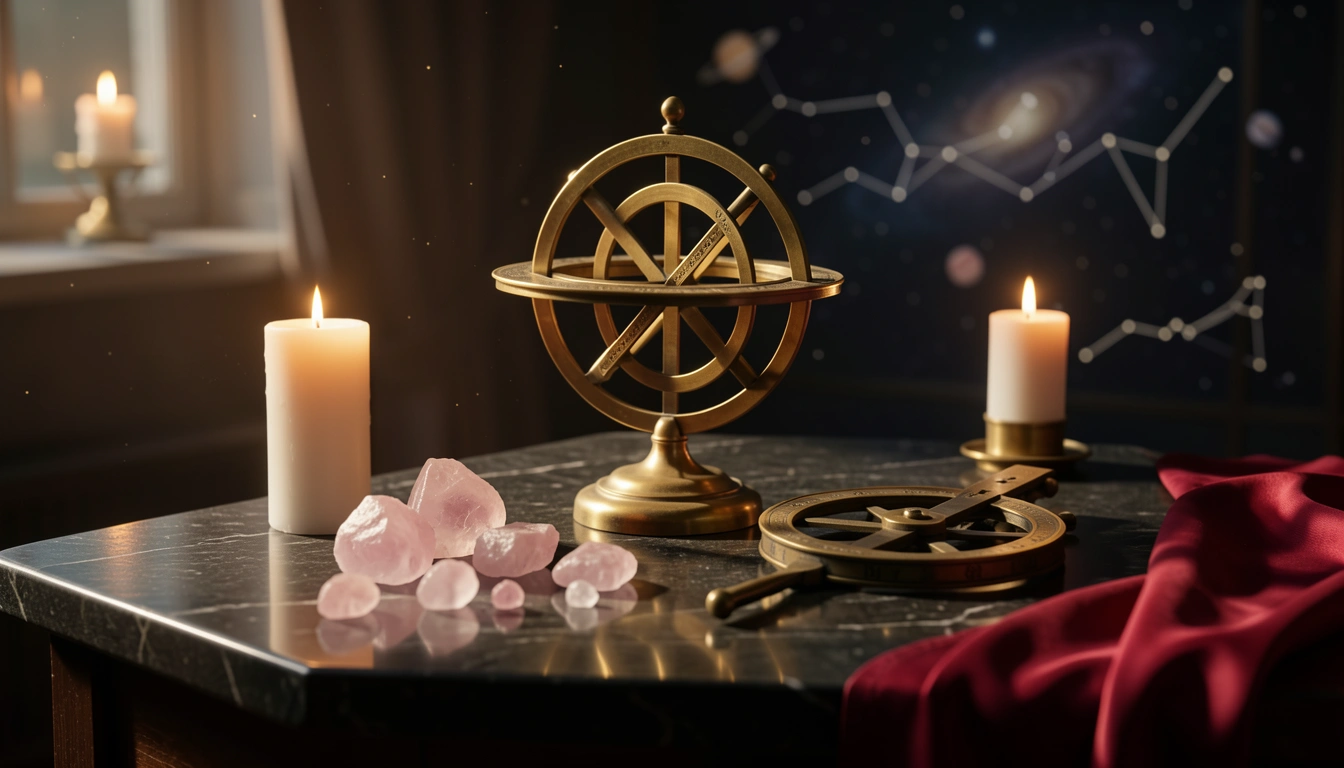 Brass astronomical instruments and rose quartz crystals on a candlelit stone table