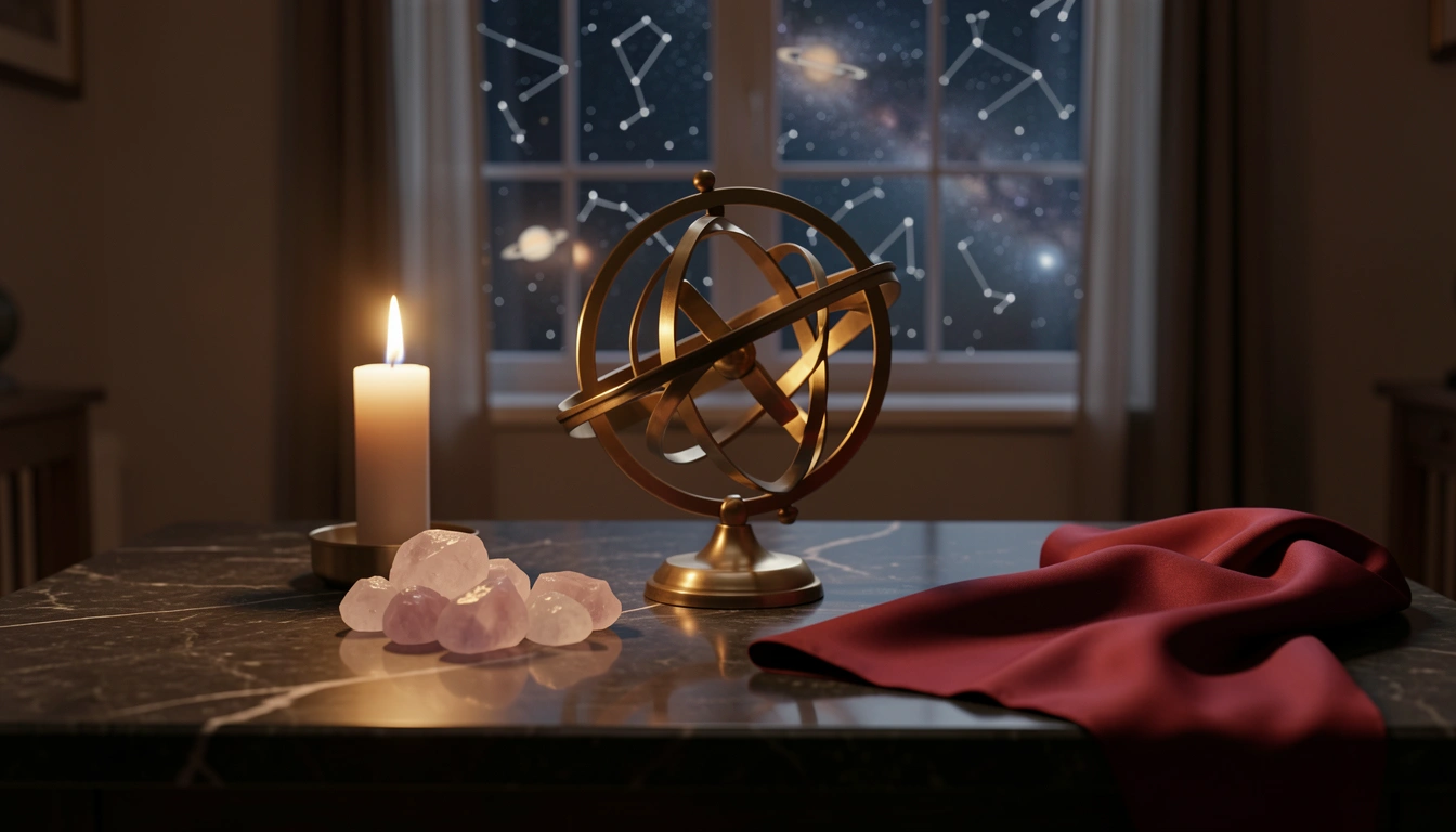 Brass armillary sphere and rose quartz crystals on a candlelit stone table with crimson silk