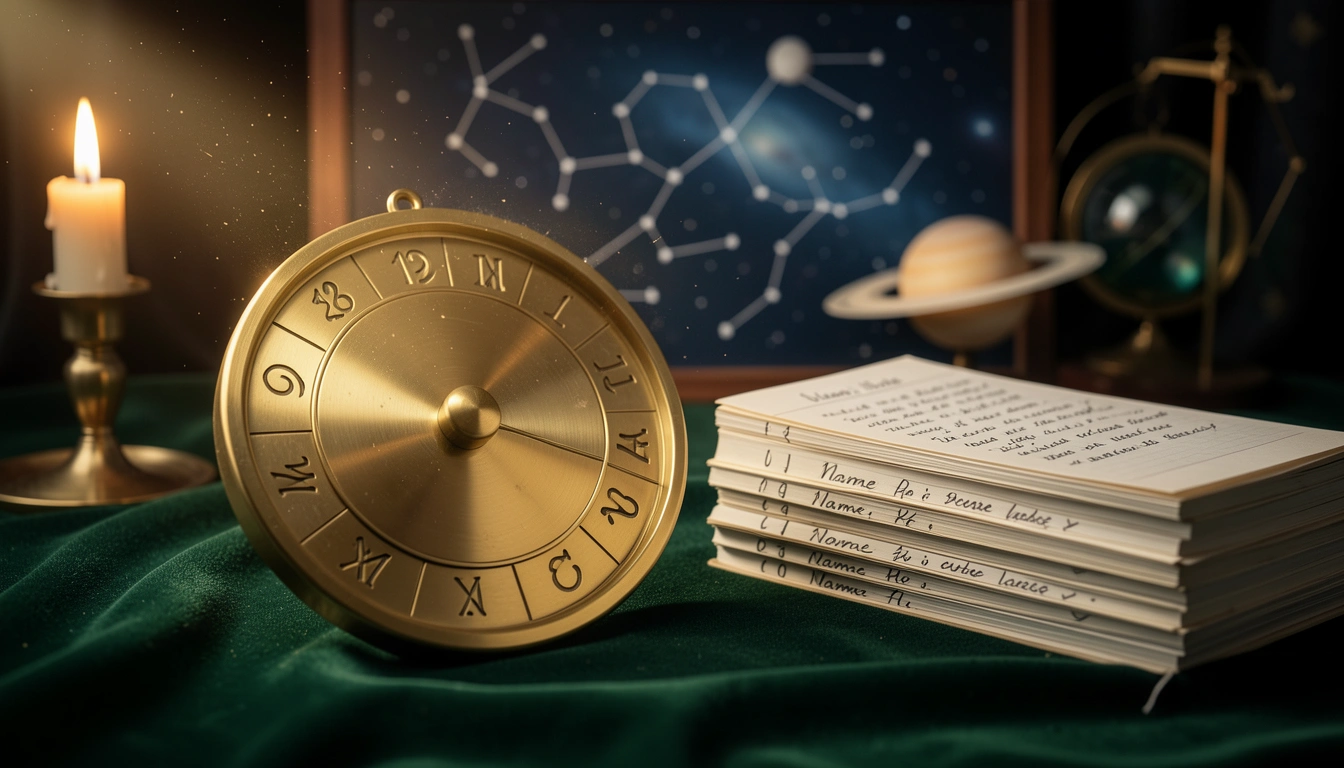 Brass numerology wheel and candlelit name ledgers on velvet