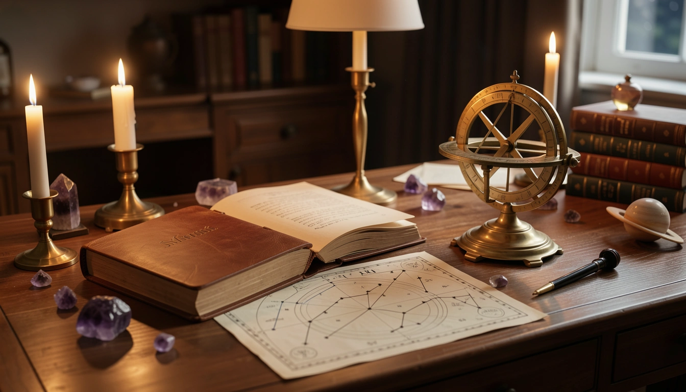 Brass astrolabe and open ledger on a candlelit desk beside a star chart