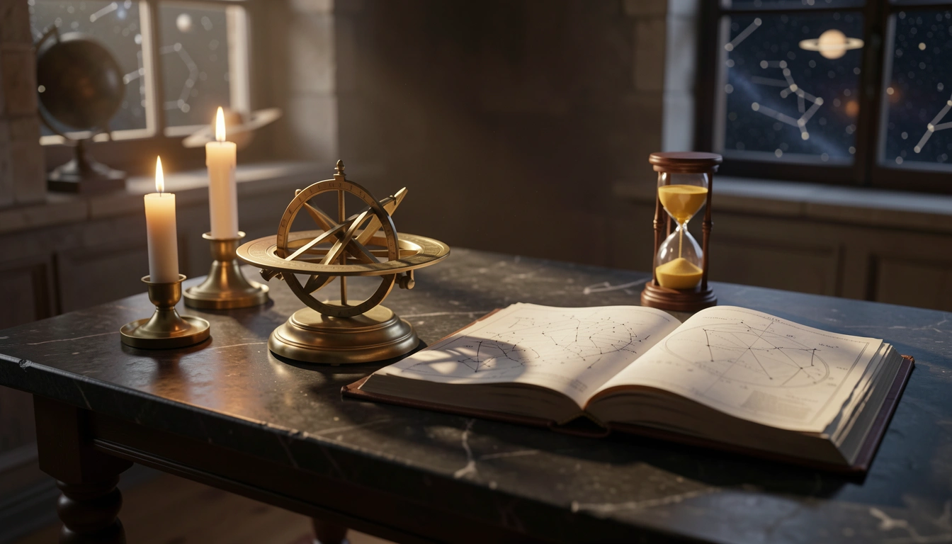 Brass astrolabe and star atlas on a candlelit stone table