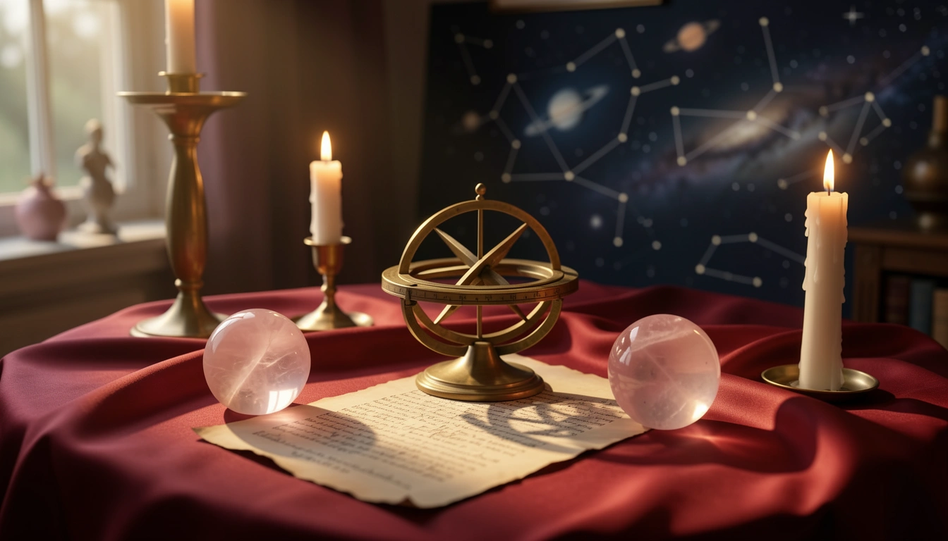 Rose quartz spheres and brass astrolabe on crimson silk under candlelight