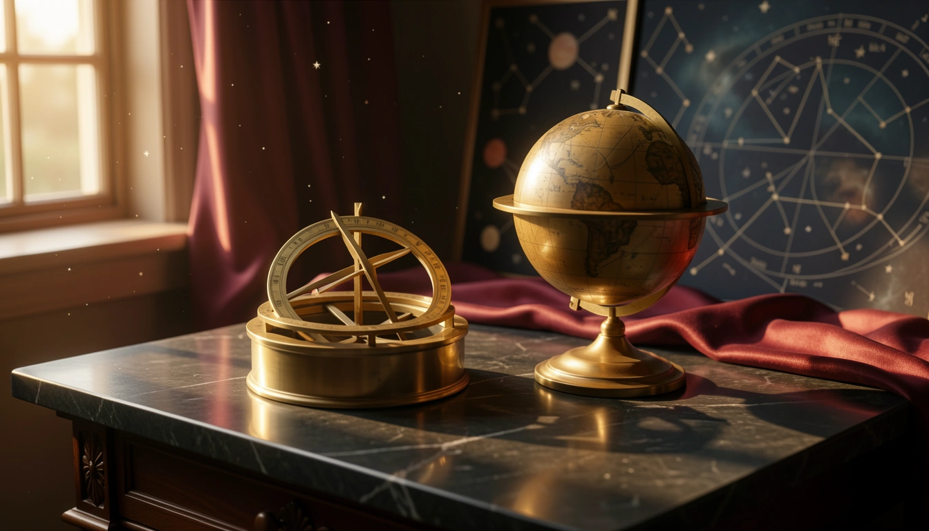 Brass astrolabe and celestial globe on a polished stone table in golden light