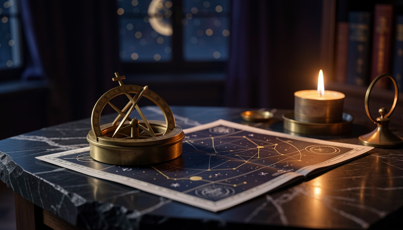 Brass astrolabe and celestial chart on dark stone under warm candlelight