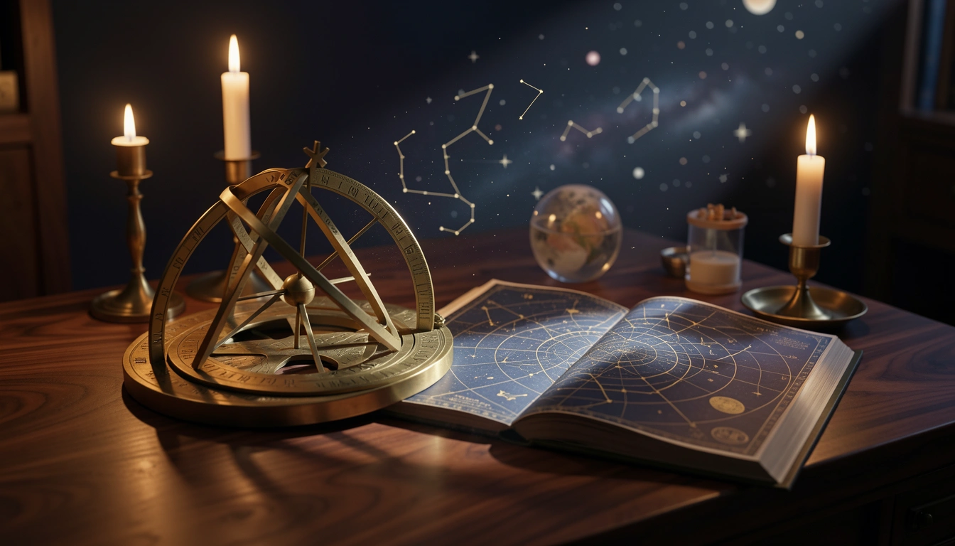 Brass astrolabe and star atlas illuminated by candlelight on a dark wooden table