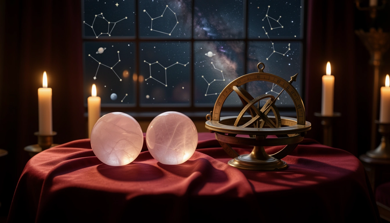 Candlelit table with rose quartz spheres and brass astrolabe against a night sky, evoking fixed star influences on love
