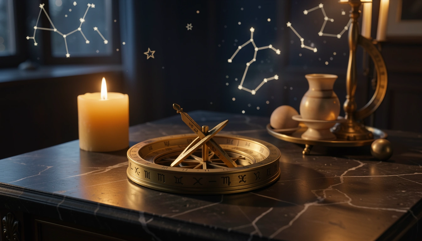 Brass horary astrolabe and candle on polished stone in warm side-light