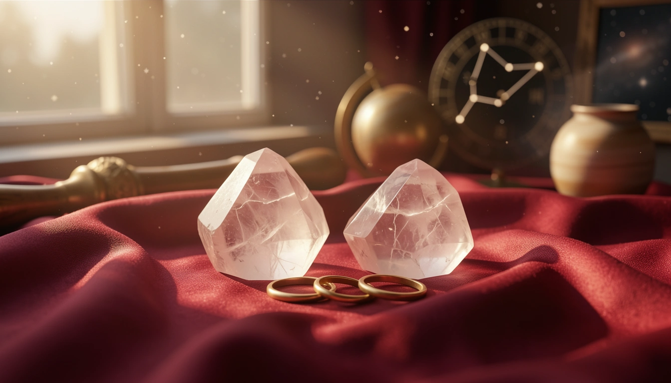 Rose quartz crystals and gold rings on crimson silk in golden light