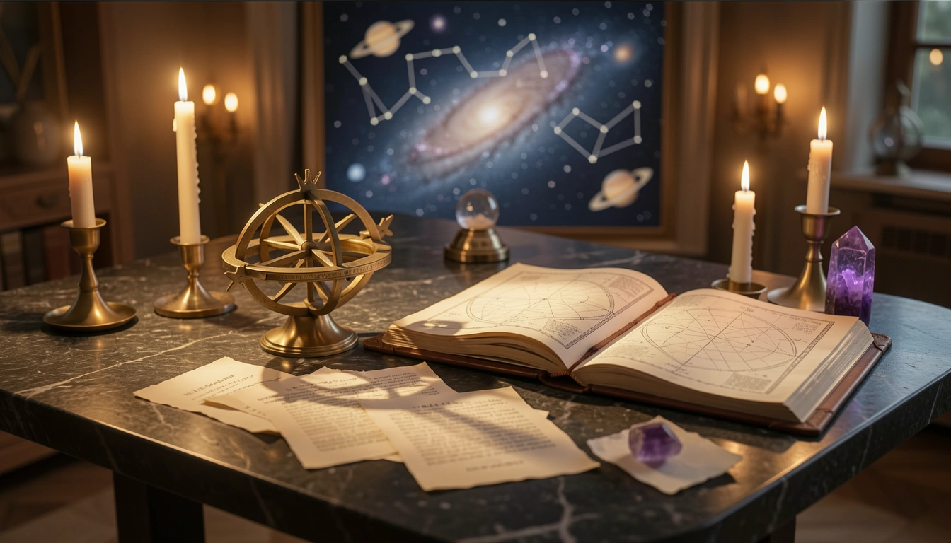 Brass astrolabe and crystal on a candlelit stone table beside an open star atlas