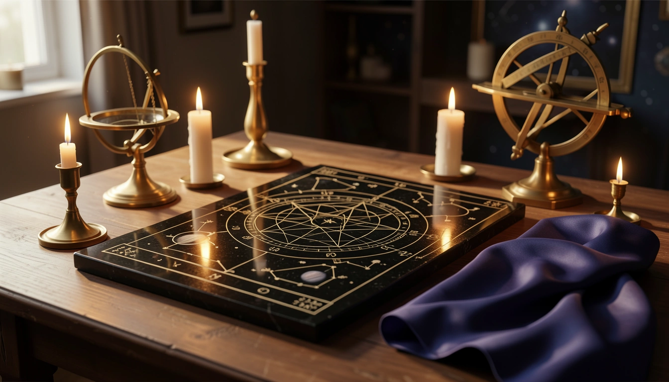 Obsidian slab with engraved bodygraph geometry beside brass astronomical instruments