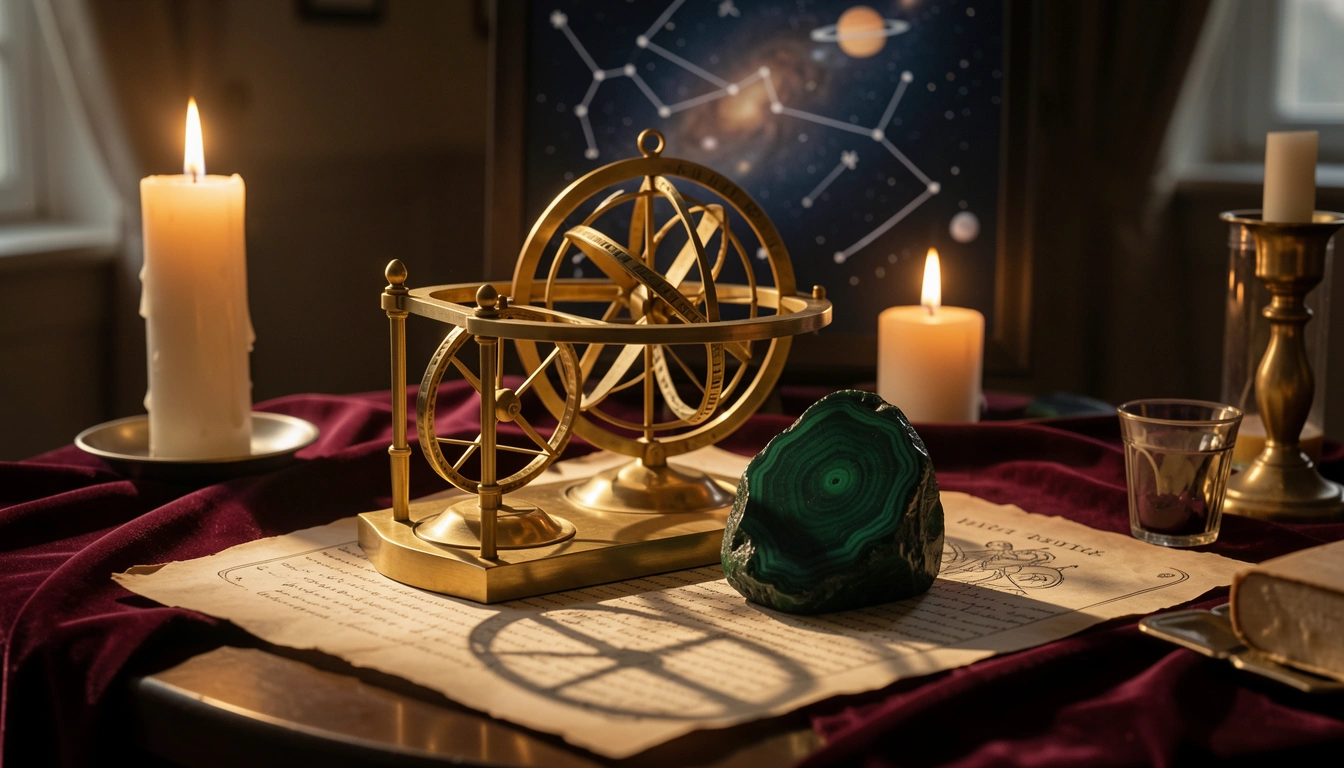Brass astronomical instrument and malachite stone on a candlelit table