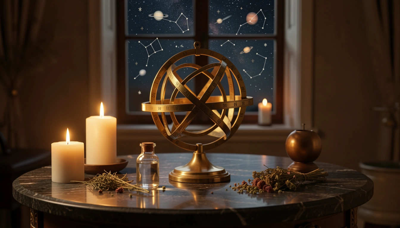 Brass armillary sphere and water vial on a candlelit stone table under warm side-light