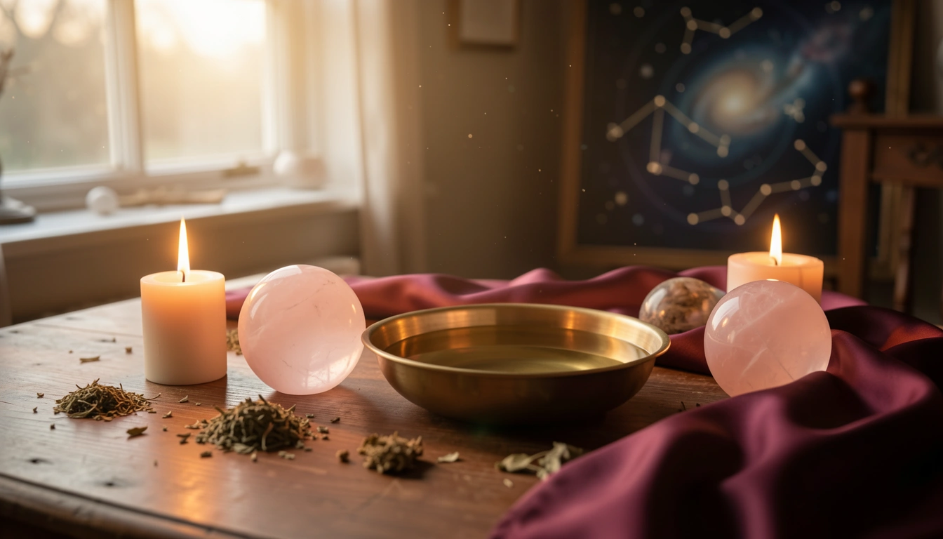 Candlelit table with rose quartz spheres, brass water bowl, and dried herbs on silk