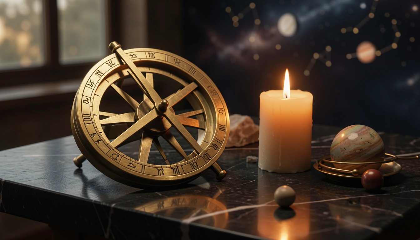 Brass astrolabe and candle on dark stone with engraved zodiac rings
