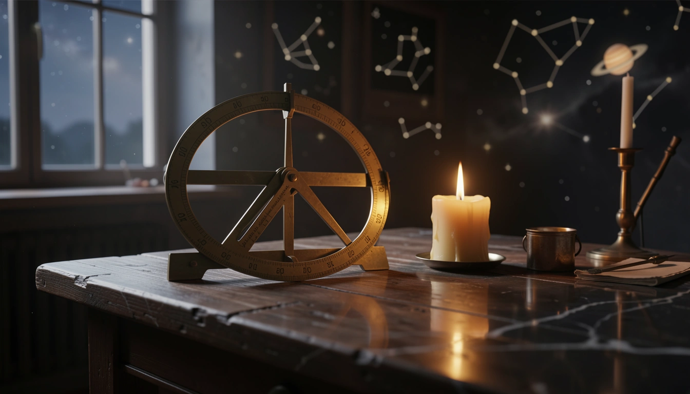 Brass astronomical instrument and candle on a wooden table in warm dusk light