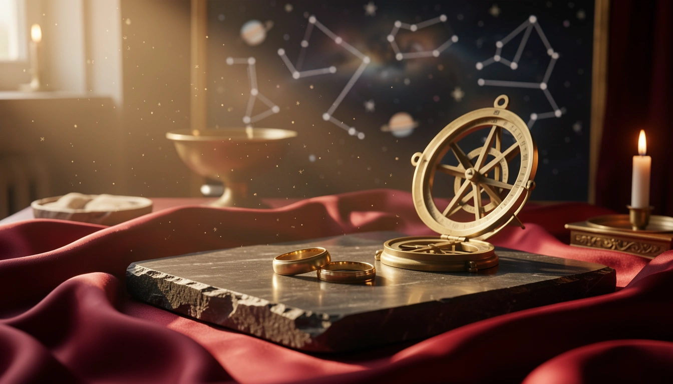 Two gold rings on dark stone beside a brass astrolabe under candlelight