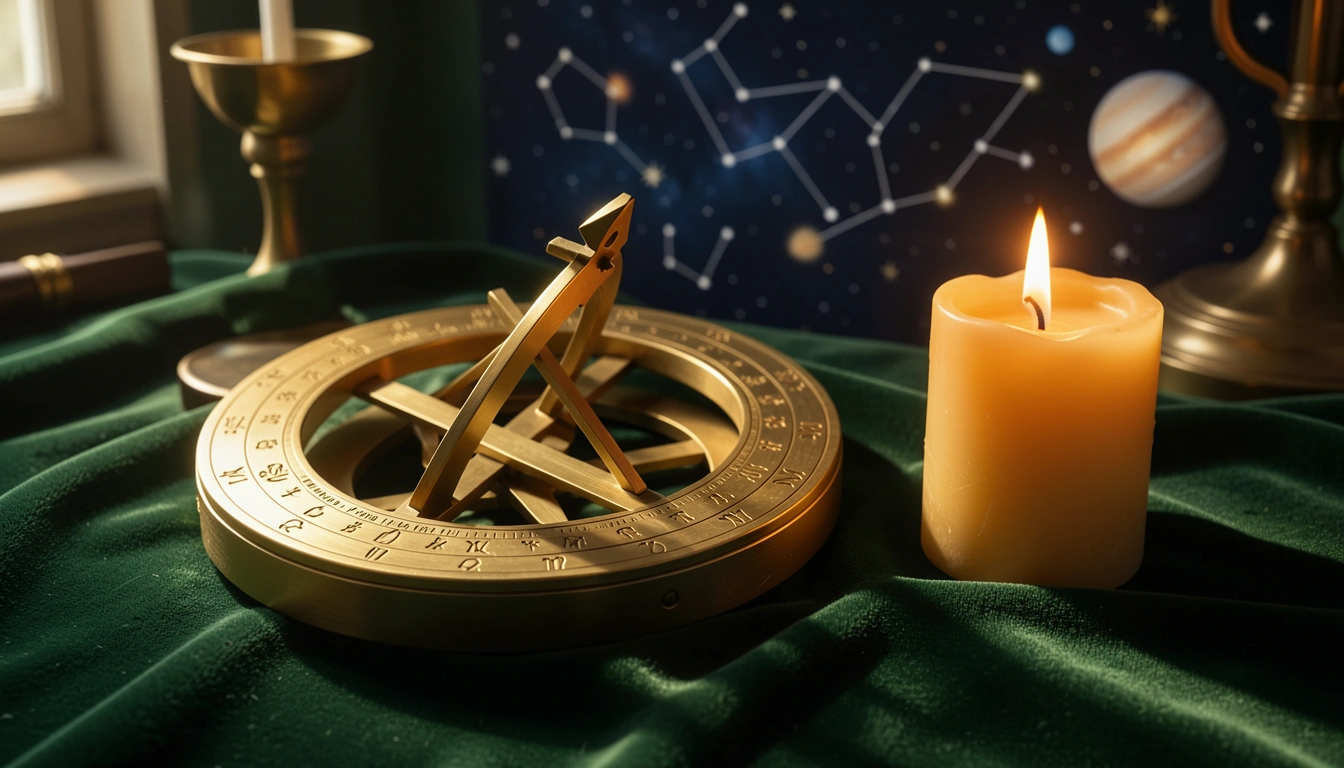 Brass astrolabe and candle on velvet showing zodiac ring engravings