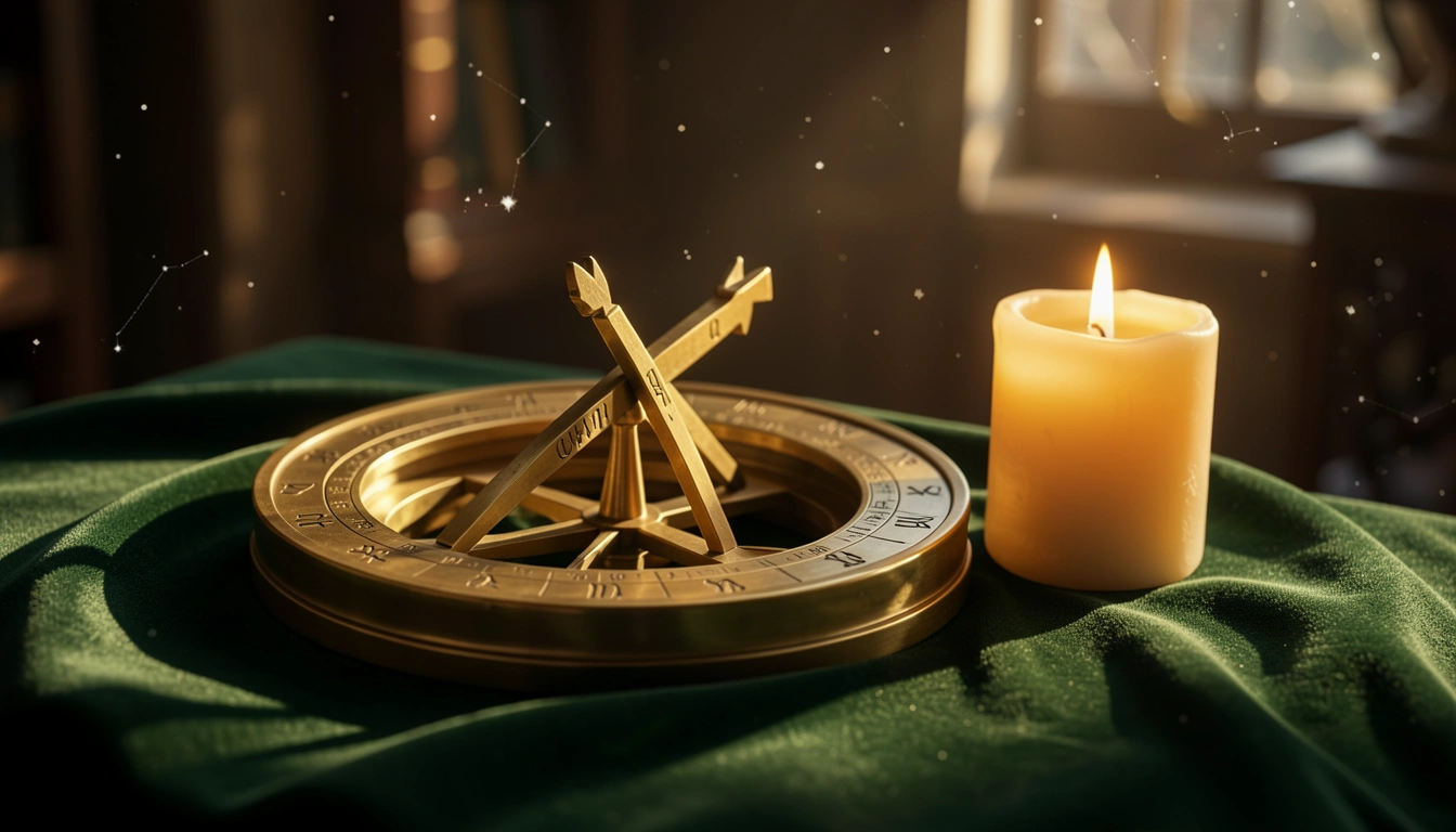 Brass astrolabe and candlelight on green velvet